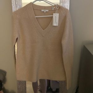 Vince 100% Cashmere V neck Sweater in light tan.